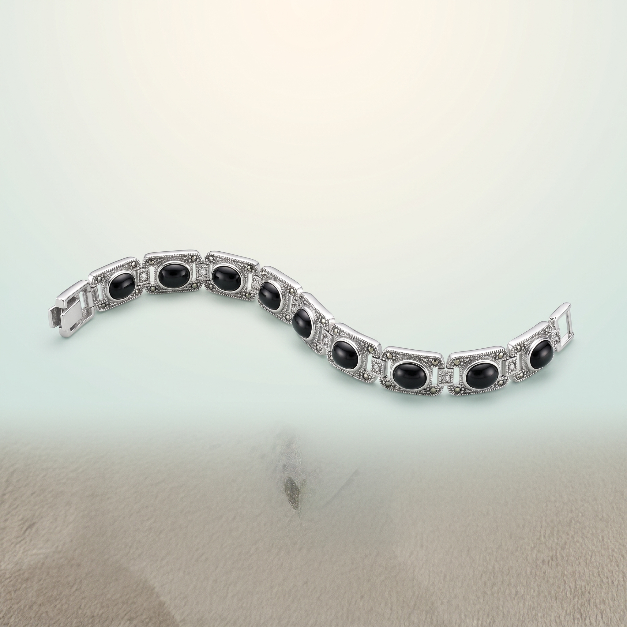 Heavy Wide Flat Cuban Curb Chain Bracelet (bright polished silver) - 925 Sterling Silver on seaglass background