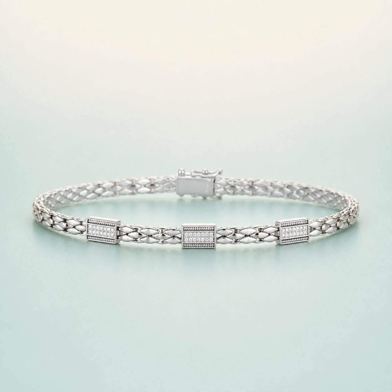 Medium Flat Curb Chain Bracelet (bright polished silver) - 925 Sterling Silver on seaglass background