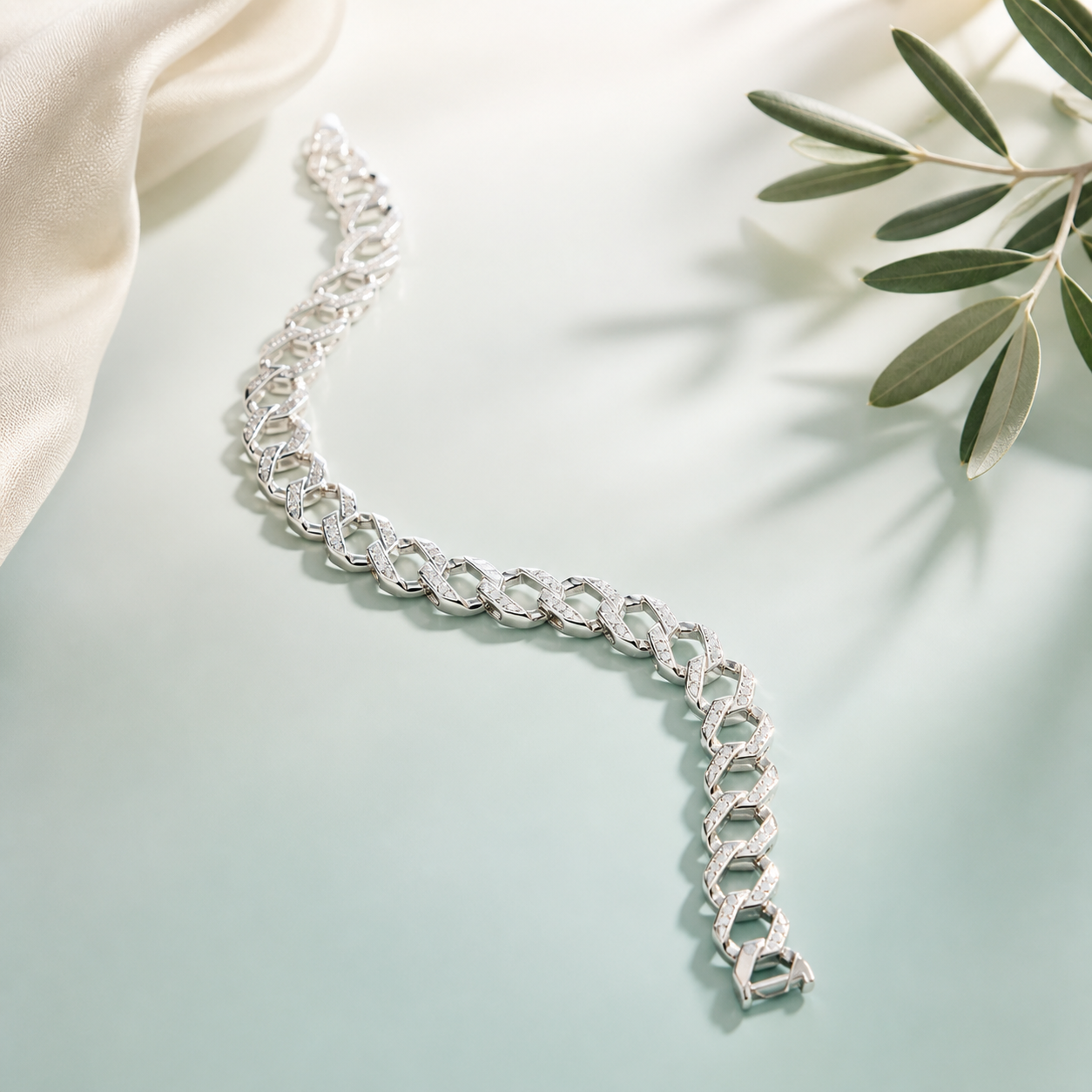 CZ-Pavé Cuban Link Bracelet ★ BEST-SELLER (bright polished silver · clear-white CZ) - 925 Sterling Silver on seaglass background