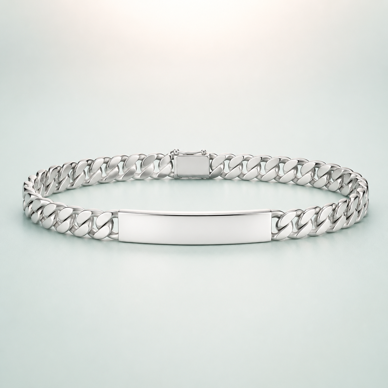 Flat Curb Chain Bracelet with Smooth ID Plate (bright polished silver) - 925 Sterling Silver on seaglass background