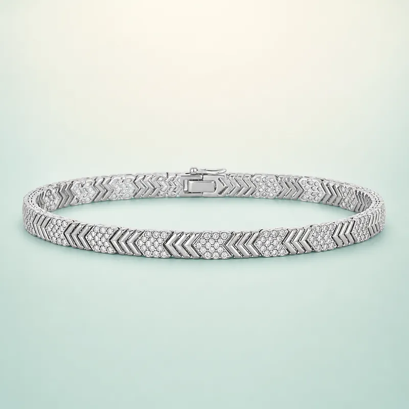 Chevron Pavé-CZ Link Bracelet (bright polished silver · clear-white CZ) - 925 Sterling Silver on seaglass background