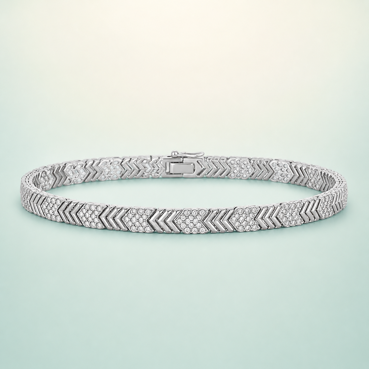 Chevron Pavé-CZ Link Bracelet (bright polished silver · clear-white CZ)  -  925 Sterling Silver on seaglass background
