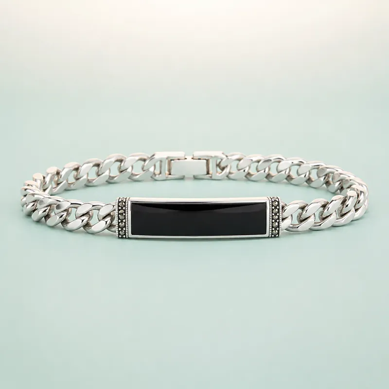 Curb Chain Bracelet with Black Onyx Plate & Marcasite (bright polished silver · black onyx · dark grey marcasite) - 925 Sterling Silver on seaglass background