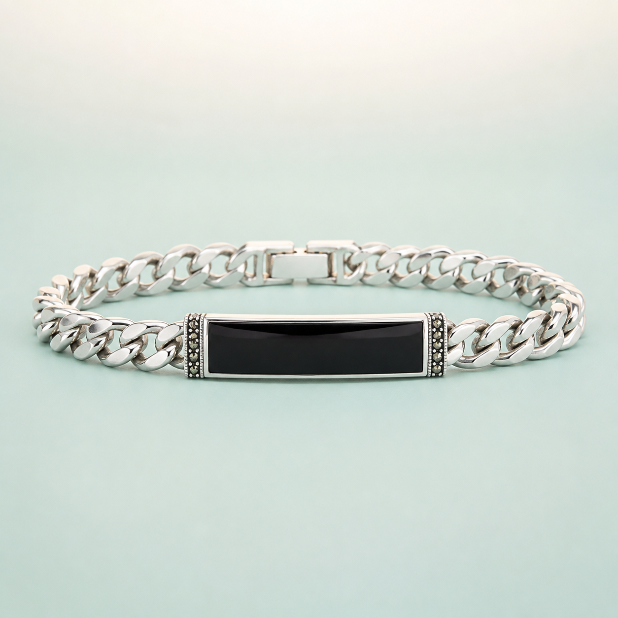 Curb Chain Bracelet with Black Onyx Plate & Marcasite (bright polished silver · black onyx · dark grey marcasite)  -  925 Sterling Silver on seaglass background