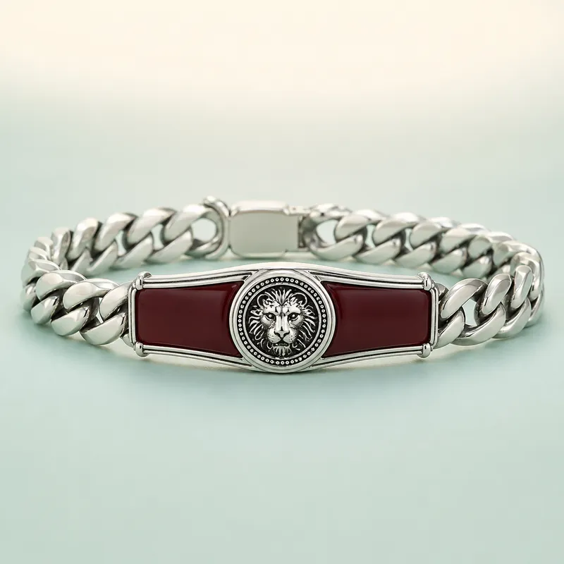 Curb Chain Bracelet with Enamel Lion Medallion Plate (bright polished silver · KEEP dark red/maroon enamel) - 925 Sterling Silver on seaglass background