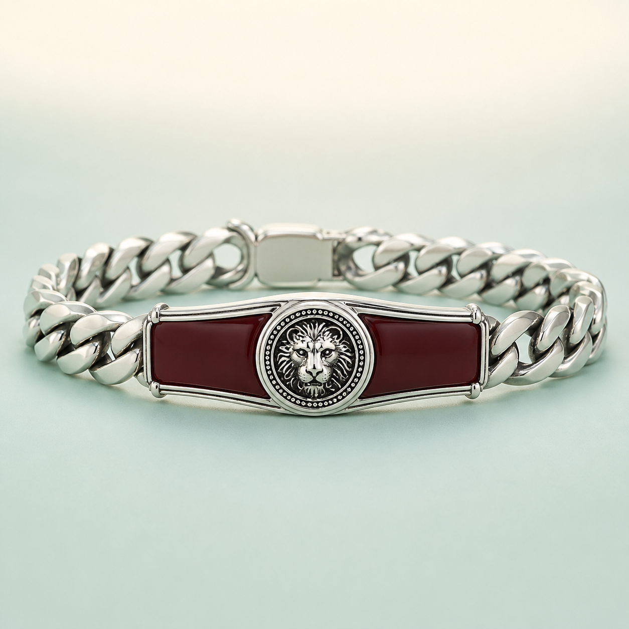 Curb Chain Bracelet with Enamel Lion Medallion Plate (bright polished silver · KEEP dark red/maroon enamel)  -  925 Sterling Silver on seaglass background