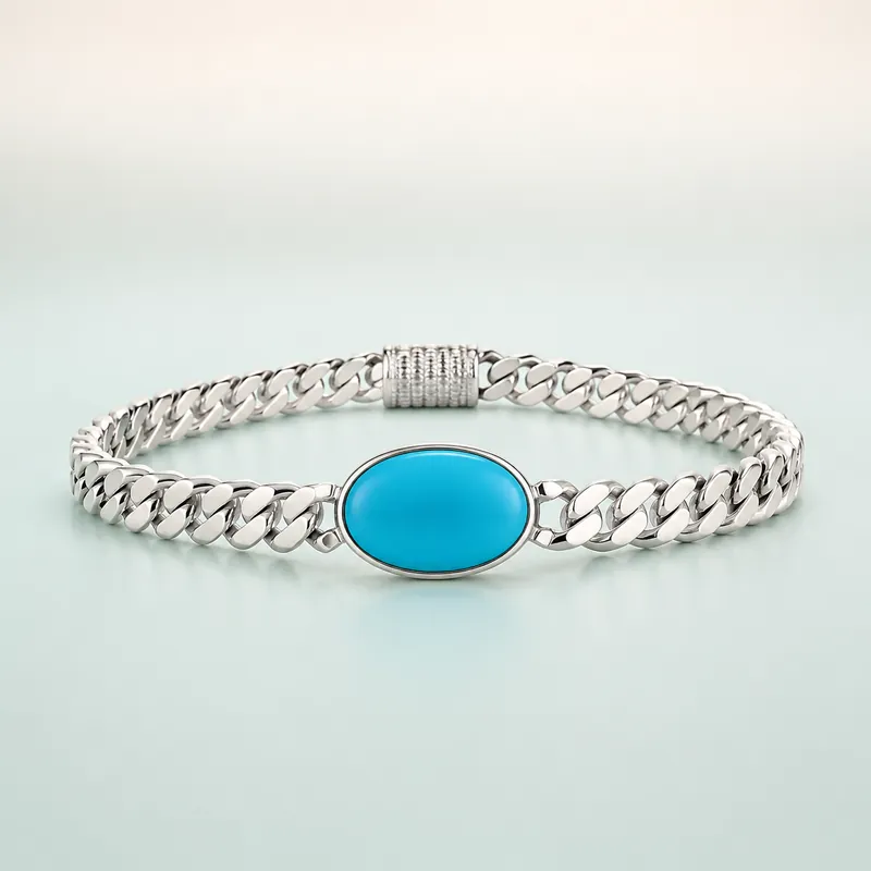 Flat Curb Chain Bracelet with Turquoise Cabochon (bright polished silver · KEEP turquoise blue stone) - 925 Sterling Silver on seaglass background