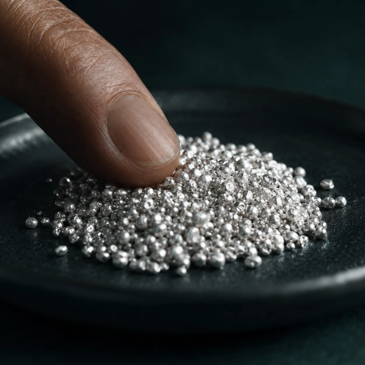 Macro of silver casting grains on a scale pan
