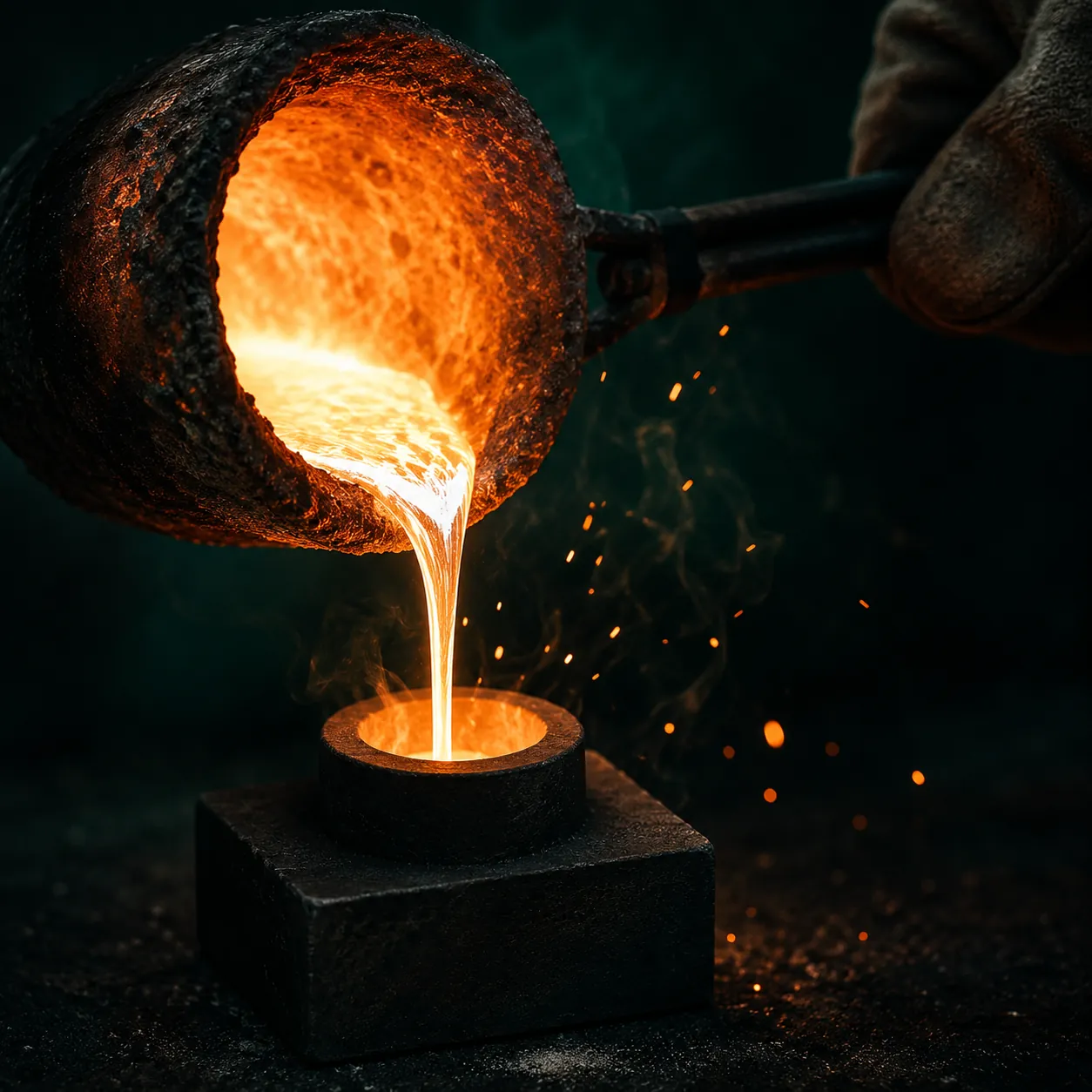Molten silver pouring into a dark flask mould