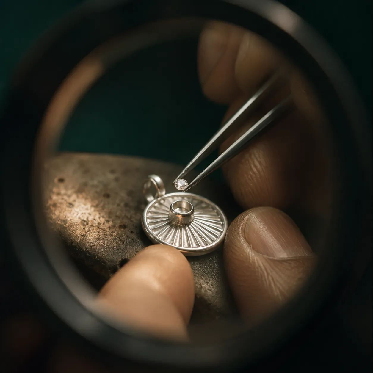 Tweezers placing a tiny stone into a silver bezel