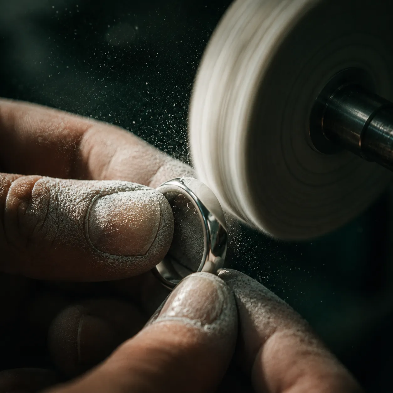 A silver ring held to a spinning polishing wheel