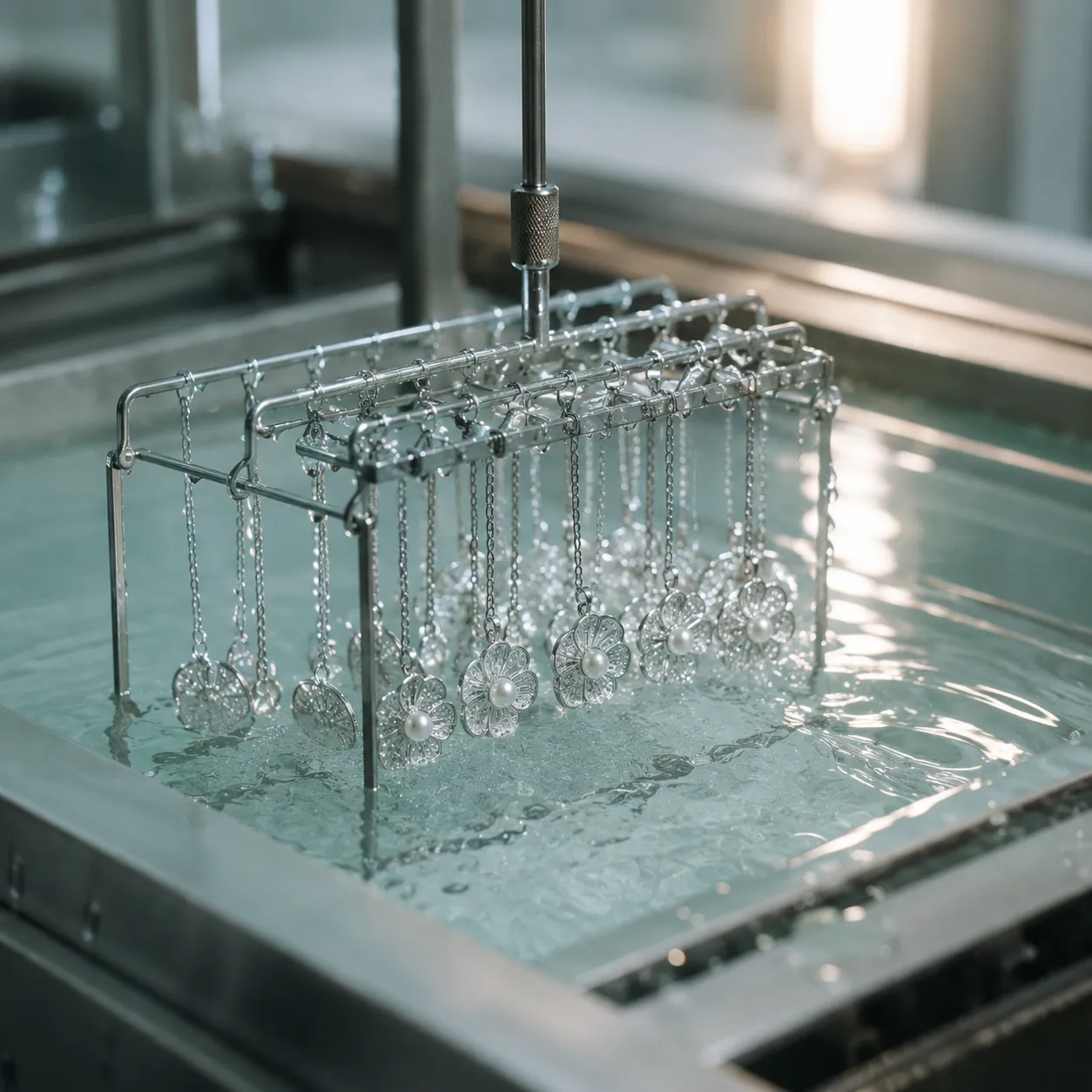 Silver pendants lowered into a clear e-coating bath