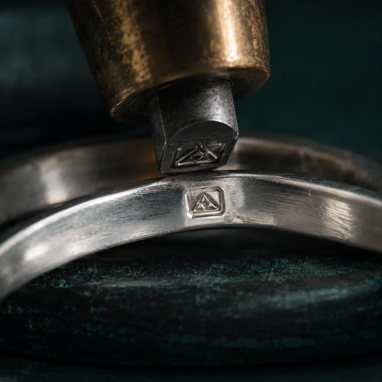 A hallmark stamp pressed into a silver ring band