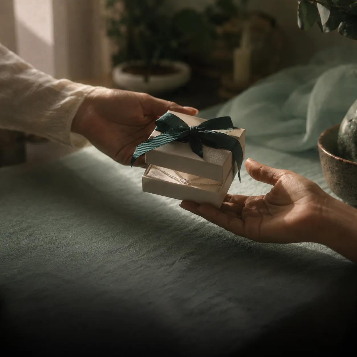 Two hands passing a small emerald gift box tied with ribbon
