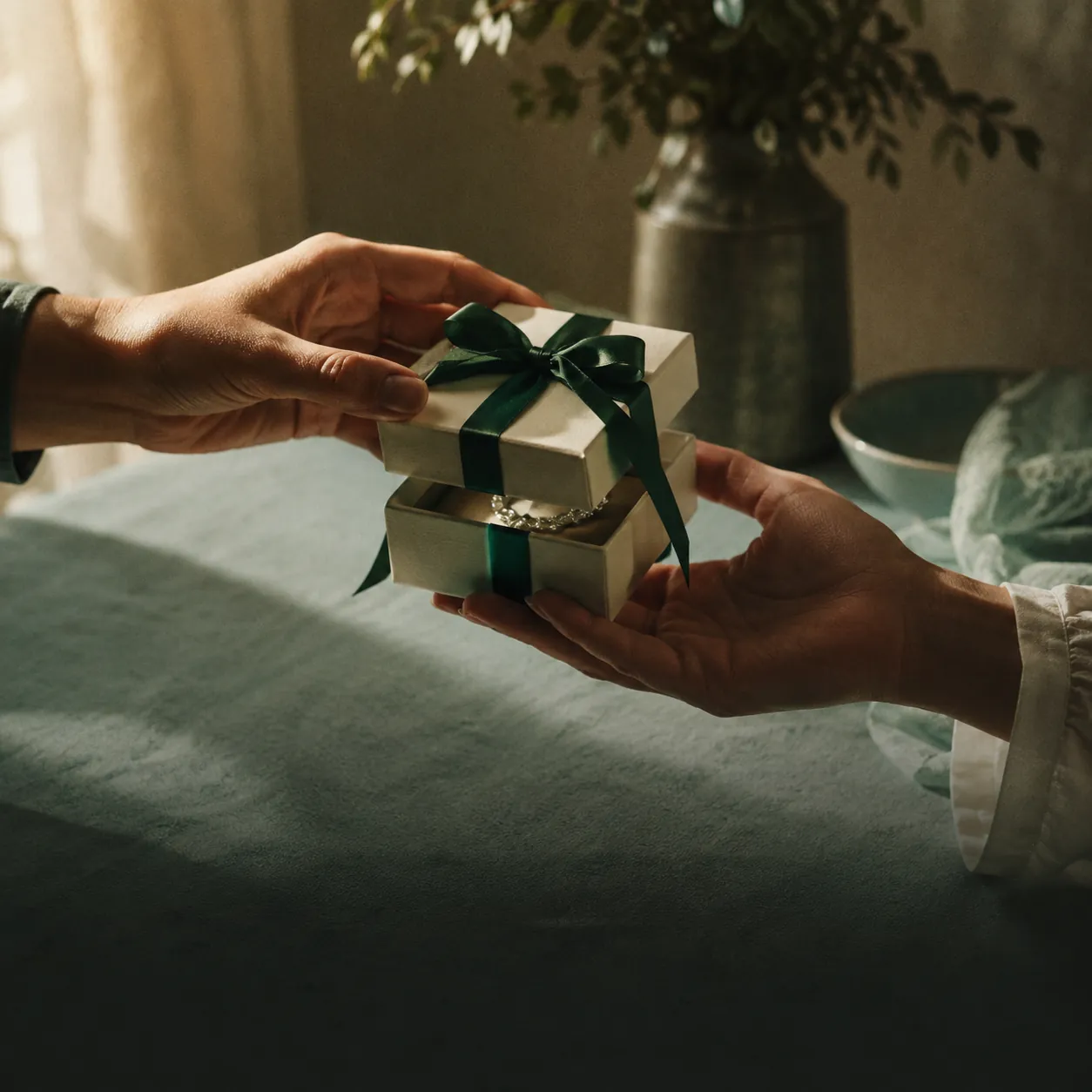 Two hands passing a small emerald gift box tied with ribbon