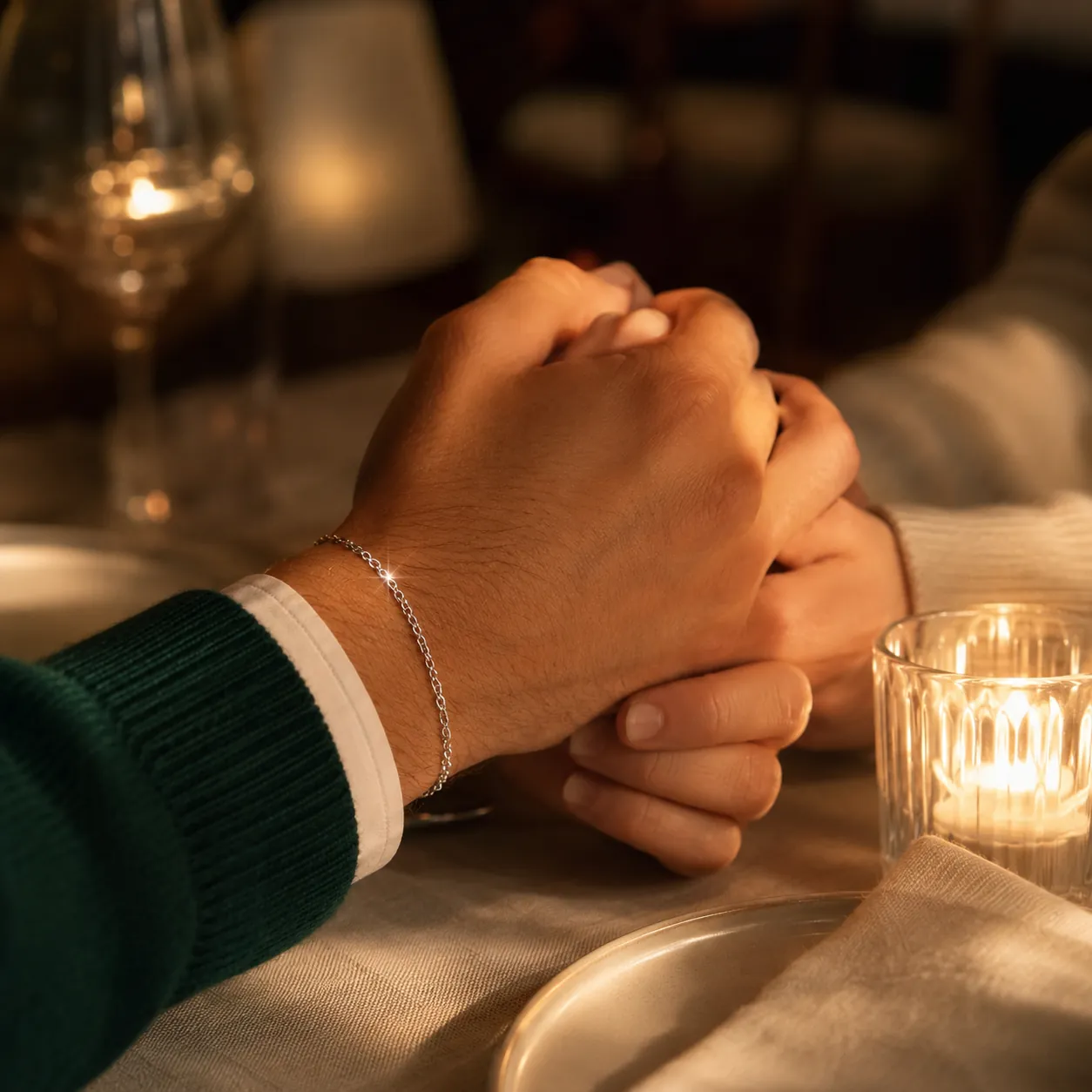 Clasped hands across a candlelit table, a silver bracelet catching the light