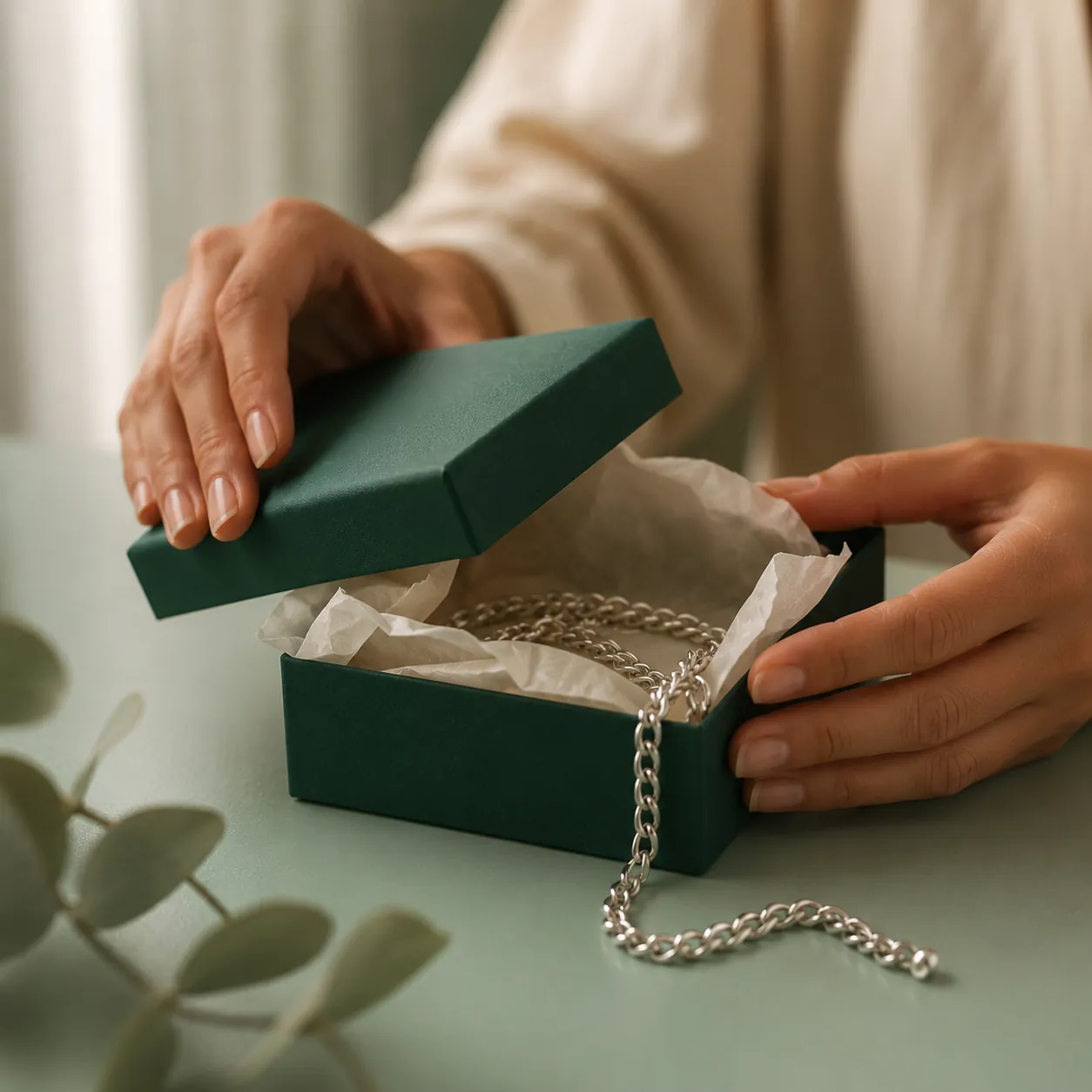 Hands lifting the lid of a gift box holding silver hoop earrings