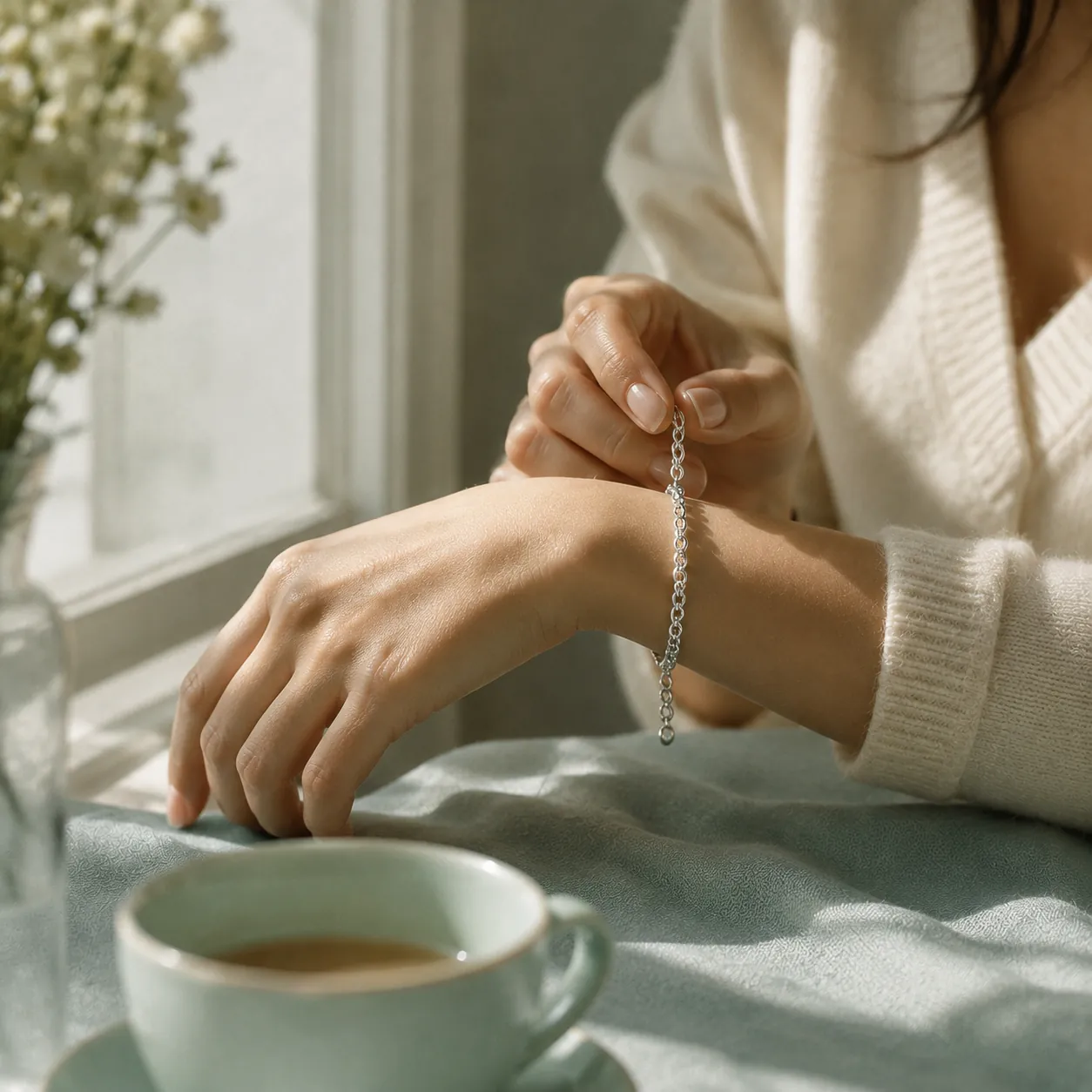 A woman fastening a silver chain around her own wrist by a window