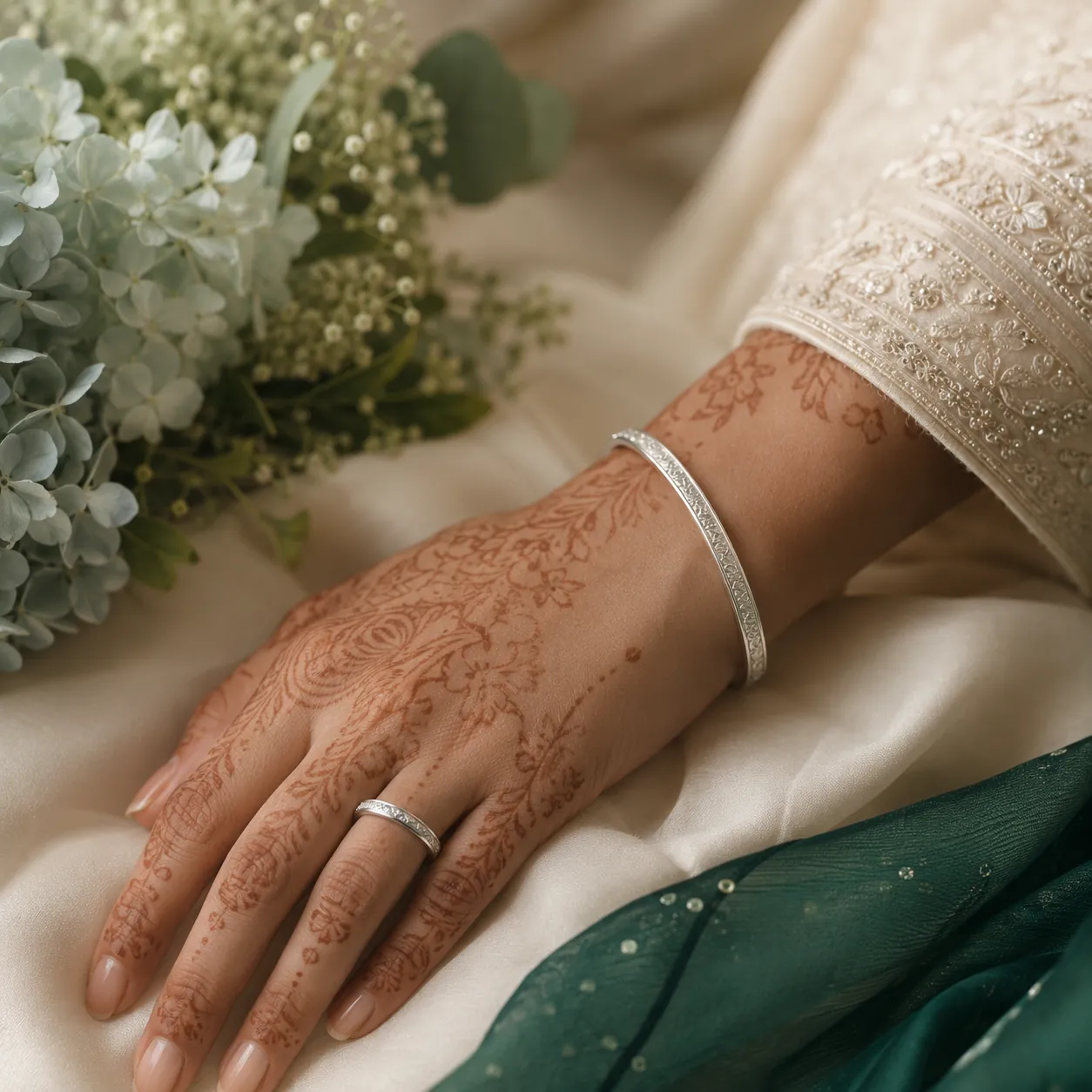 A bride's hennaed hand wearing a silver bracelet on ivory silk