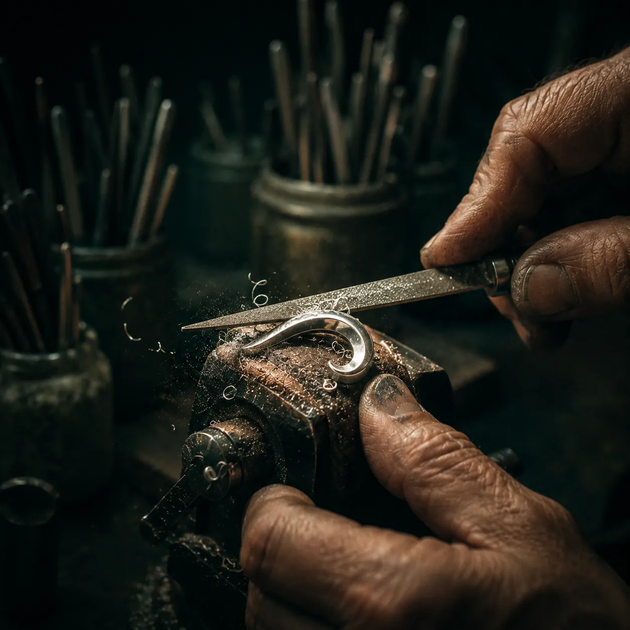A silversmith's hands filing a half-finished sterling ring under a warm task lamp