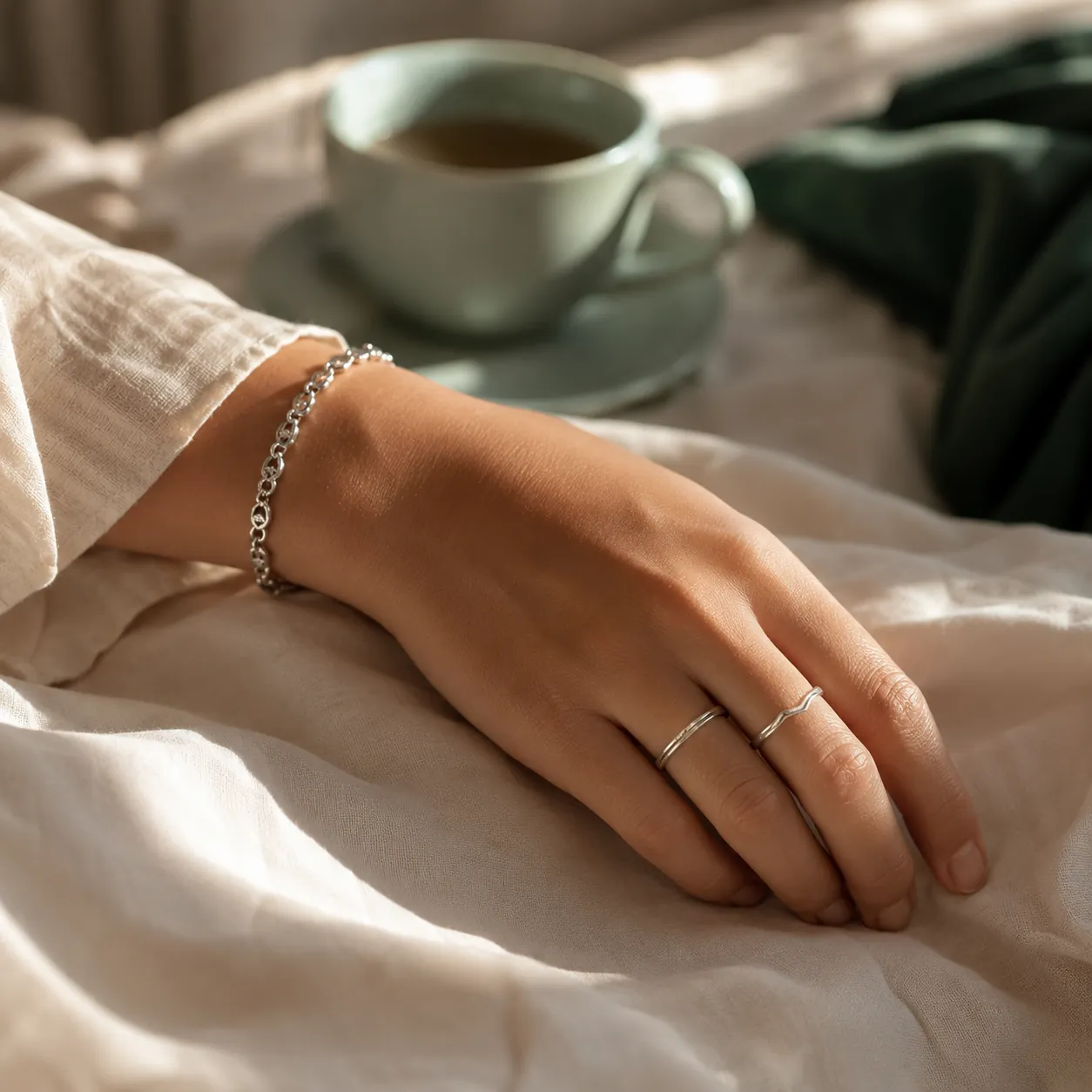 A woman's hand on ivory linen at dawn, wearing two slim silver rings and a fine chain bracelet