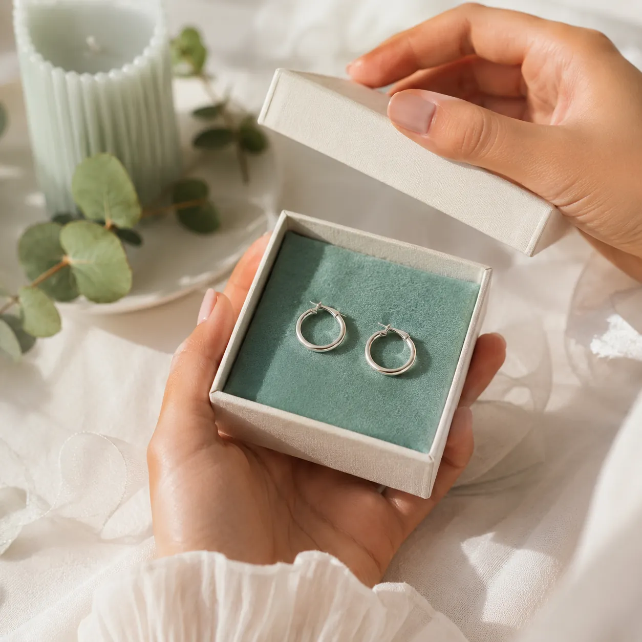 Flat-lay of an ivory jewelry box with silver studs and a pendant