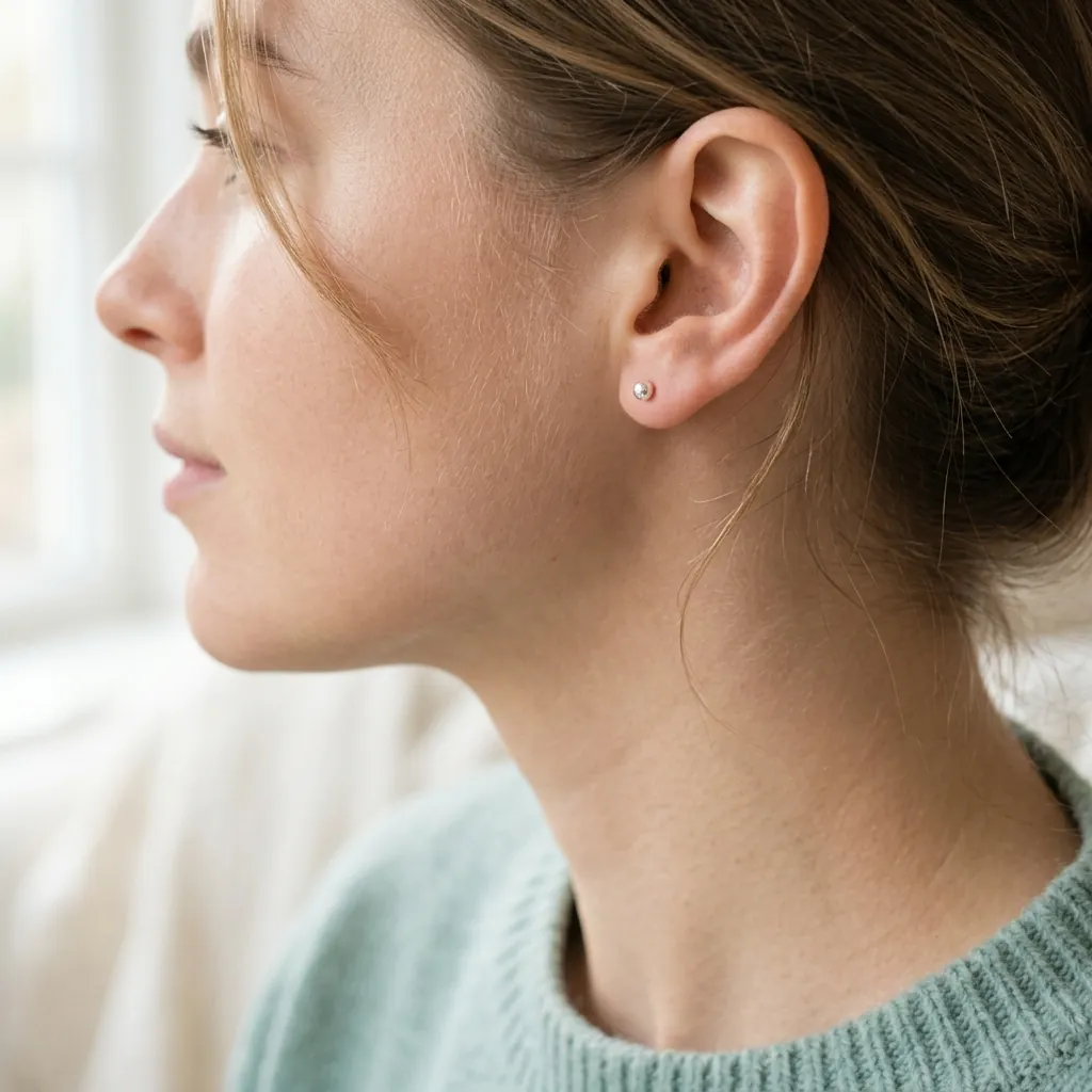 A tiny sterling silver stud earring in bright airy daylight