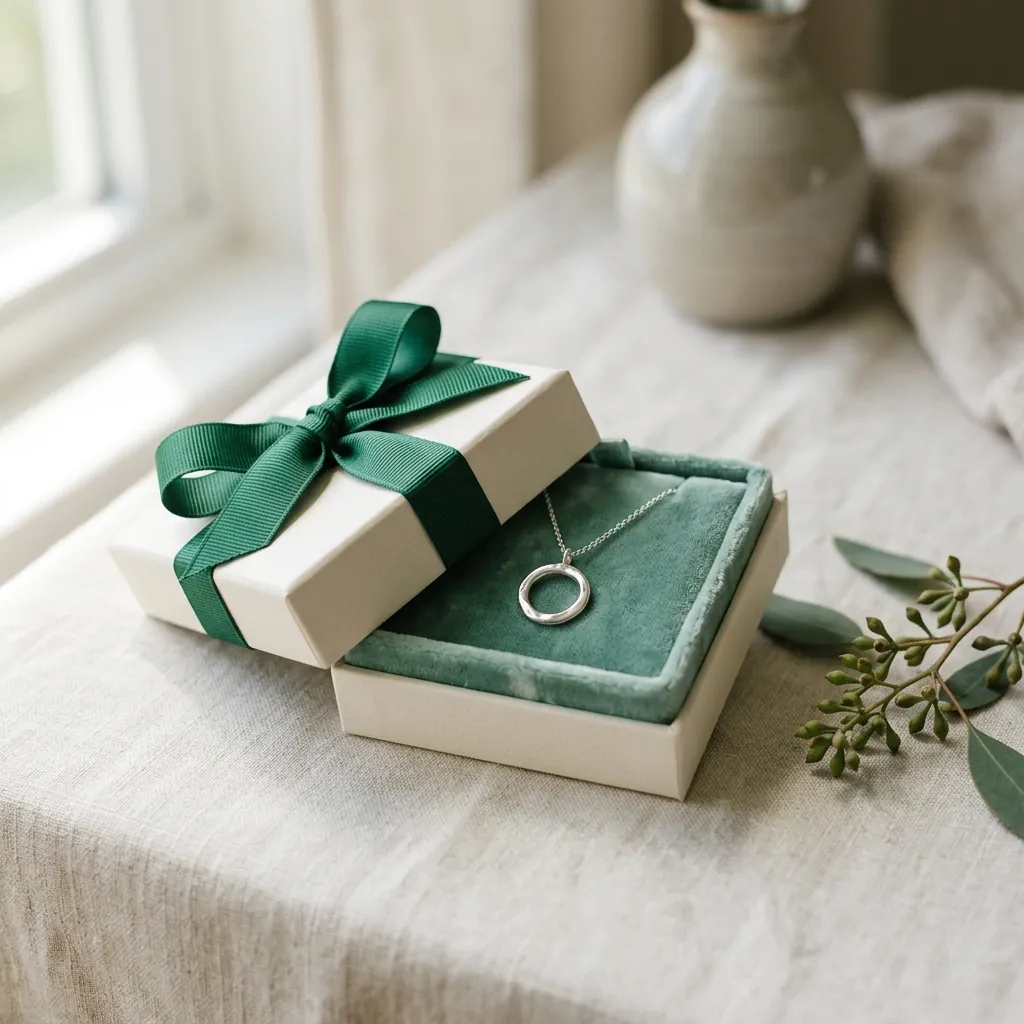 A small ivory gift box tied with an emerald ribbon, revealing a silver pendant
