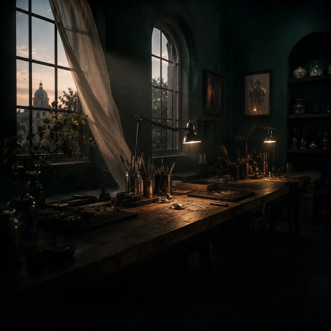 A workbench lit by a small brass lamp with silver tools