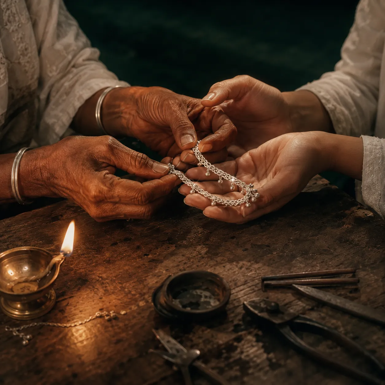 Two generations of hands holding a silver anklet under an oil lamp