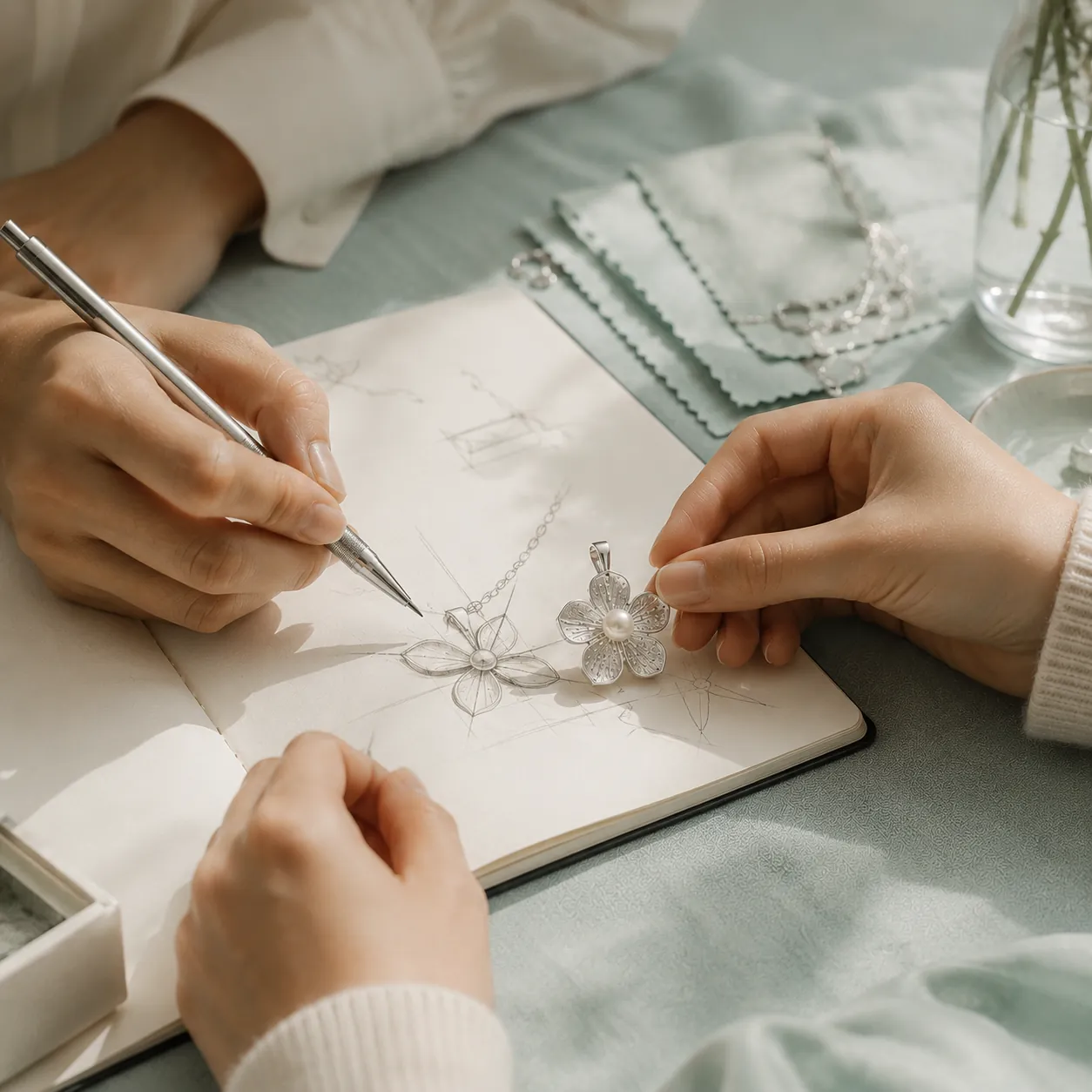 Young hands sketching a pendant beside a polished silver sample