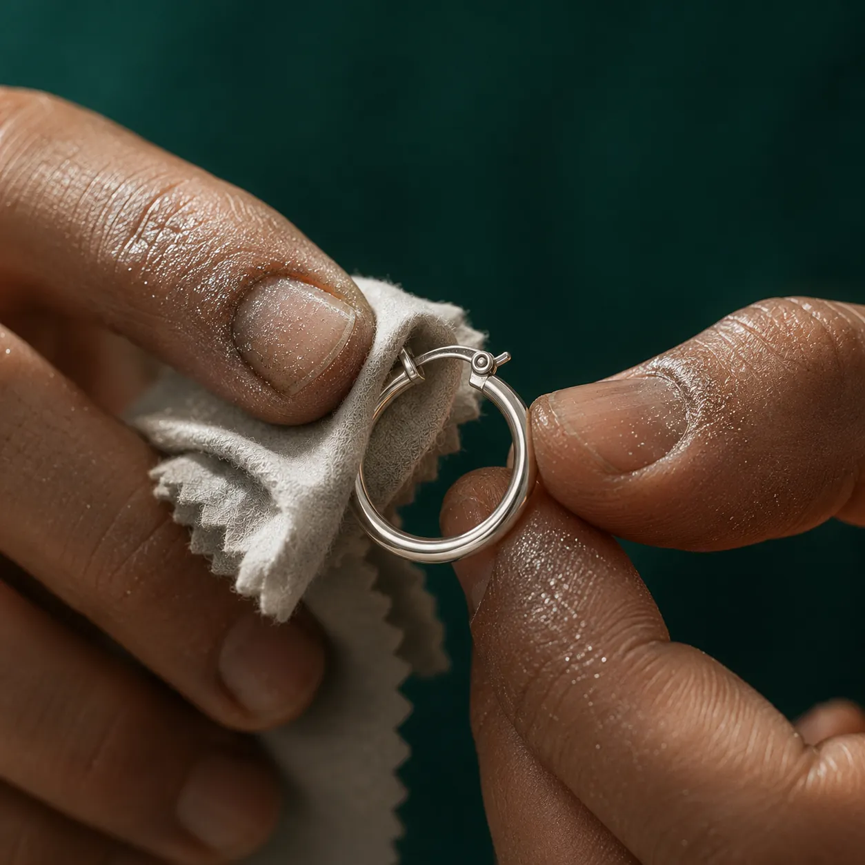 Fingertips polishing a silver hoop with a cloth