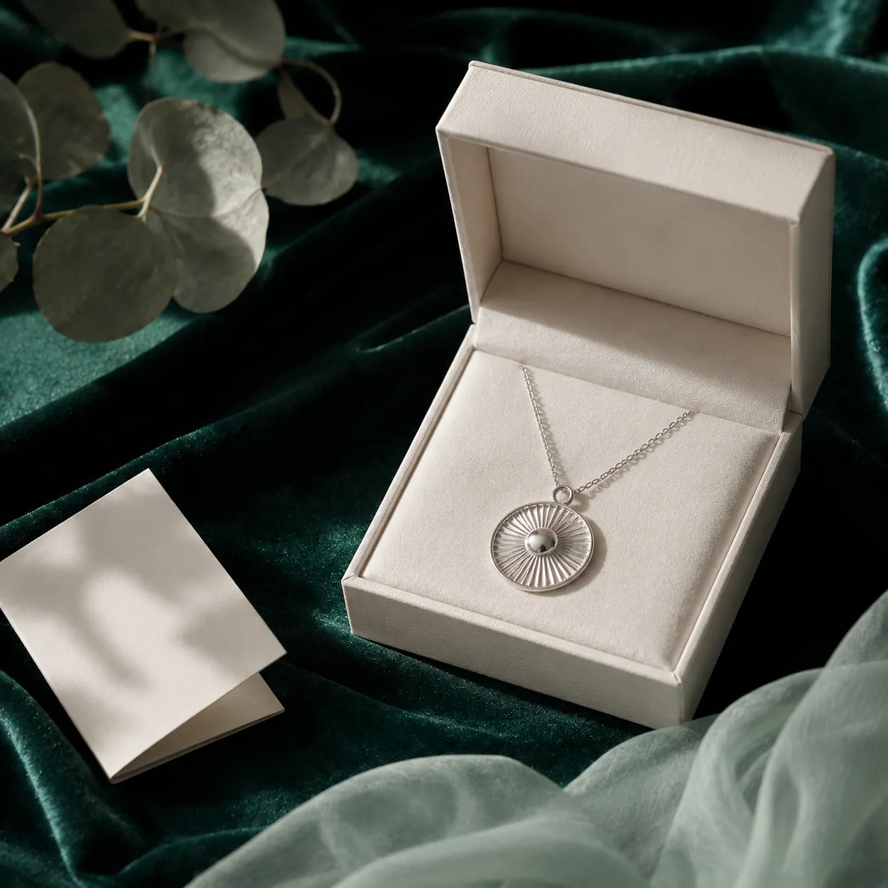 An open ivory gift box with a silver pendant and care card