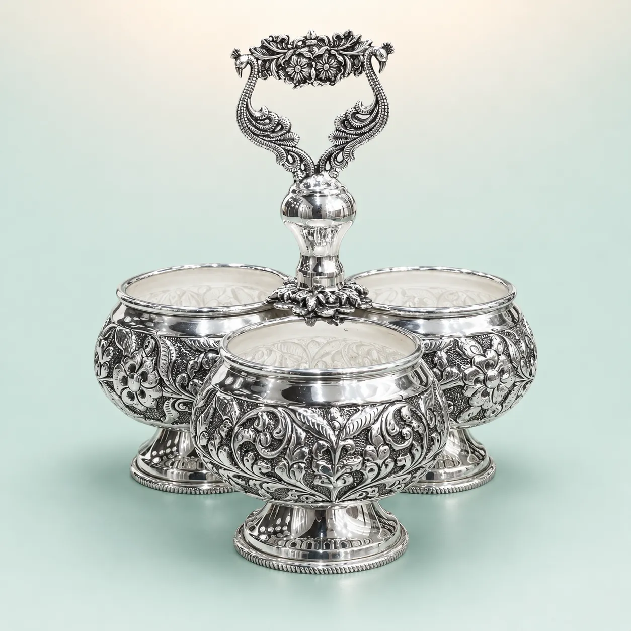 Three-Bowl Floral-Handle Serveware Set on seaglass background