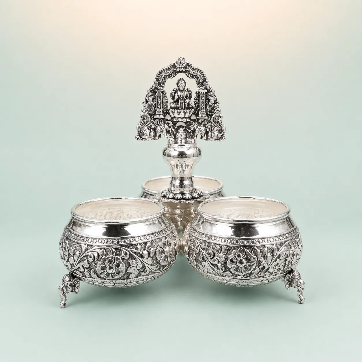 Three-Bowl Lakshmi Condiment Server on seaglass background