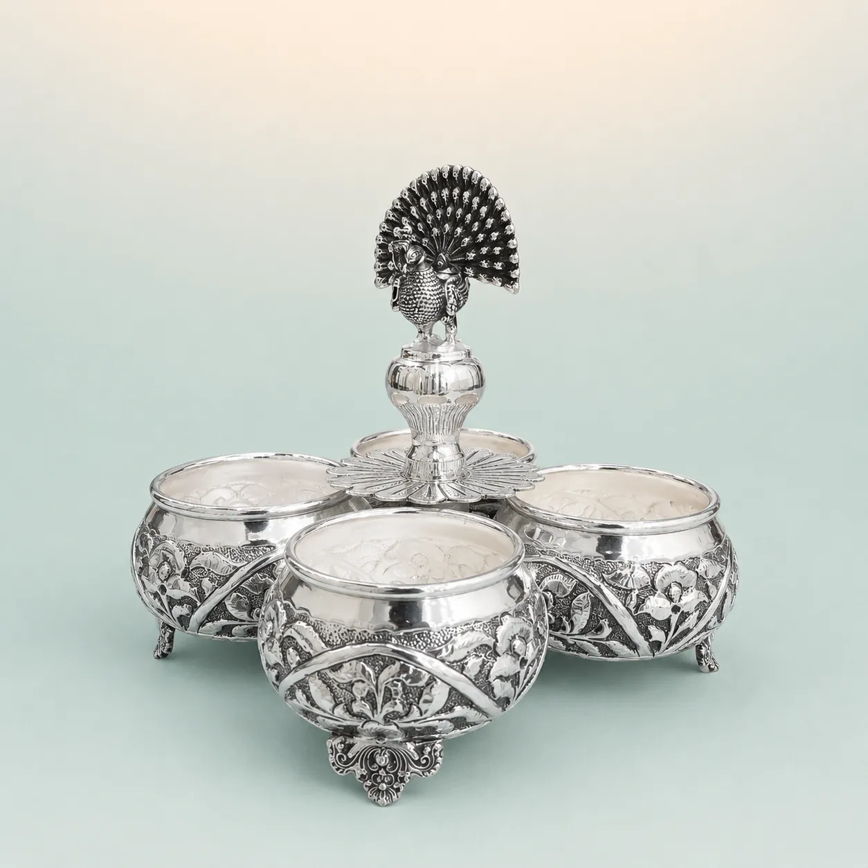 Four-Bowl Peacock Server on seaglass background