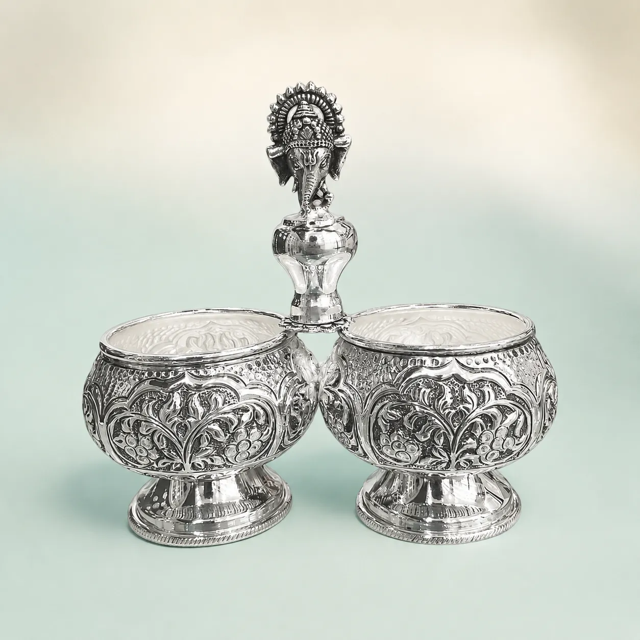 Twin-Bowl Ganesha Condiment Server on seaglass background