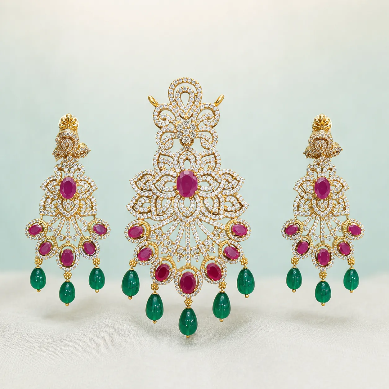 Ruby & Emerald-Drop Bridal Diamond Fan Pendant Set (Pendant 34.100g · Earrings 28.700g) — on seaglass background