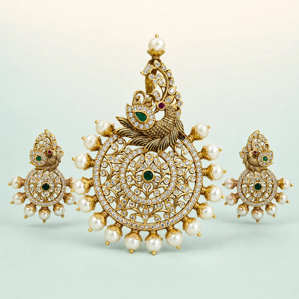 Antique Peacock Chandbali Pendant Set with Pearl-Cluster Border (Pendant 33.470g · Earrings 11.460g) on seaglass background