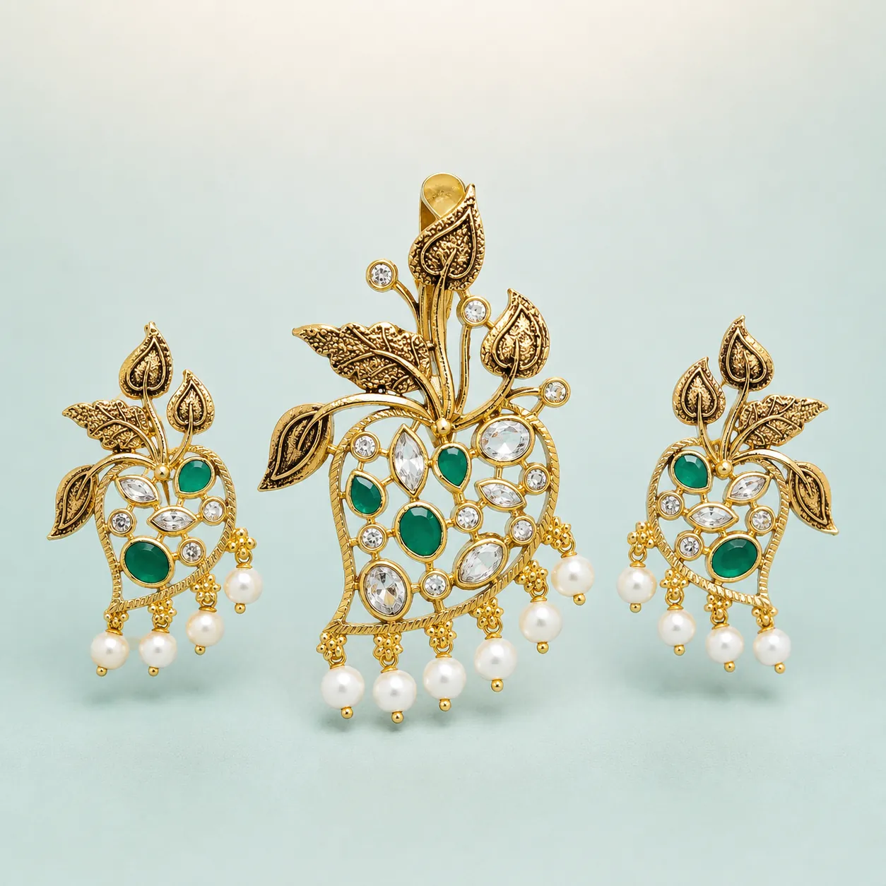 Antique Leaf-and-Mango Emerald & Pearl Pendant Set (≈20.7–20.9g) on seaglass background