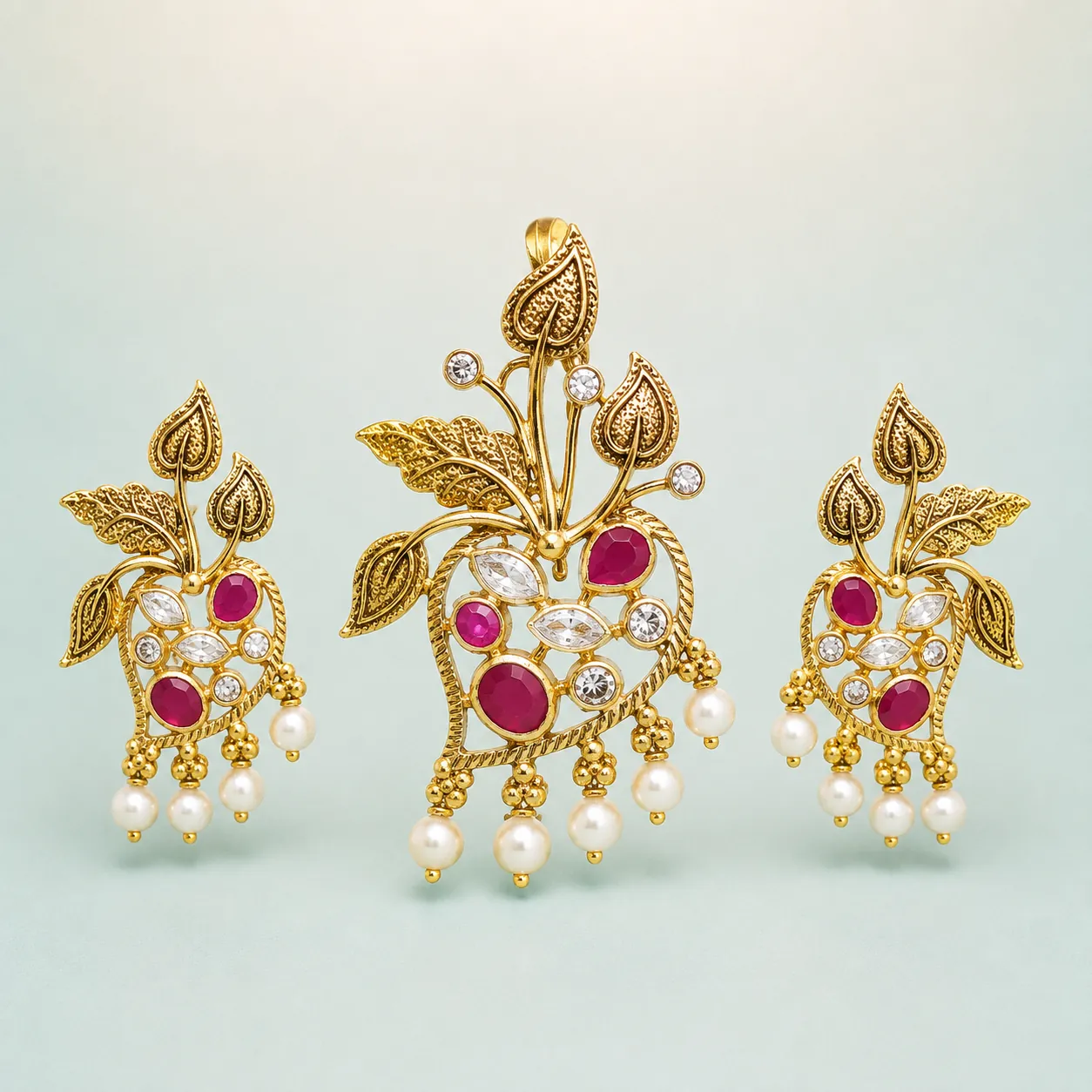 Antique Leaf-and-Mango Ruby & Pearl Pendant Set (Pendant 10.940g · Earrings 10.020g) on seaglass background