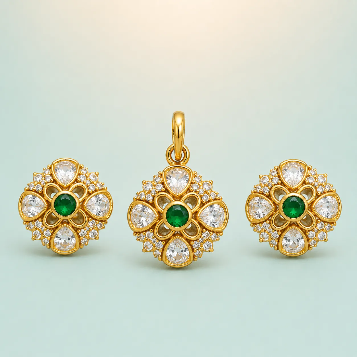 Green-Centre Clover CZ Pendant Set (Pendant 3.700g · Earrings 8.300g) on seaglass background