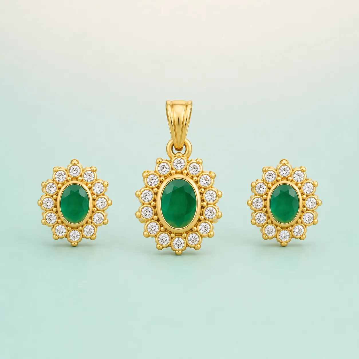Green-Oval Rosette Pendant Set (Pendant 4.700g · Earrings 10g) on seaglass background