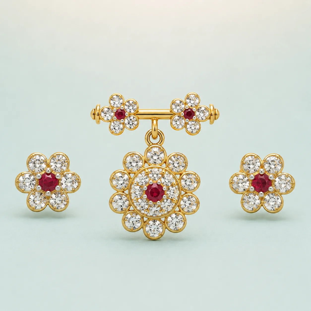 White-CZ Floral Pendant Set with Ruby Centres (Pendant 11.510g · Earrings 5g) on seaglass background