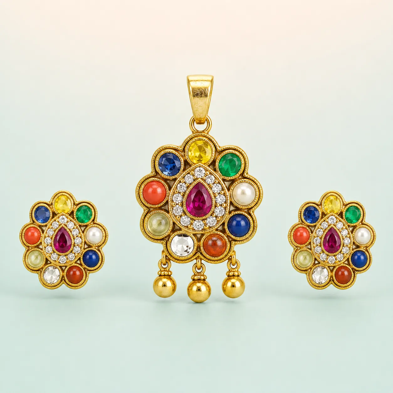 Navratna Nine-Gem Mango-Drop Pendant Set (Pendant 6.090g · Earrings 12.190g) on seaglass background