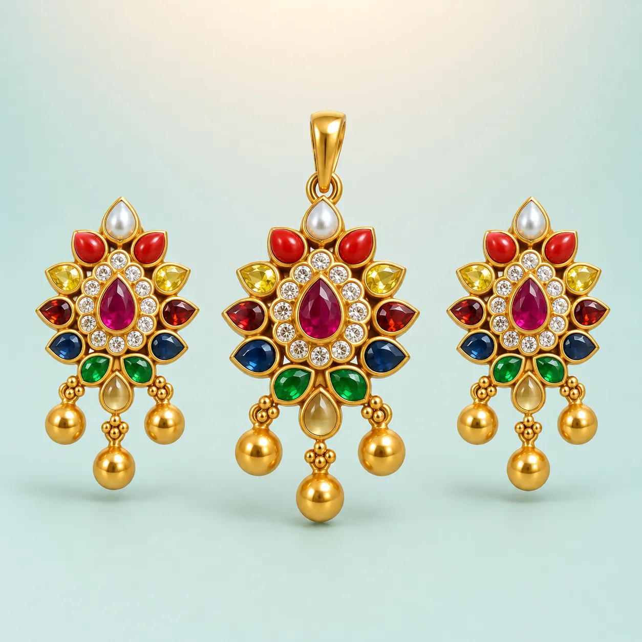 Navratna Nine-Gem Round Cluster Pendant Set (Pendant 21g · Earrings 8g) on seaglass background