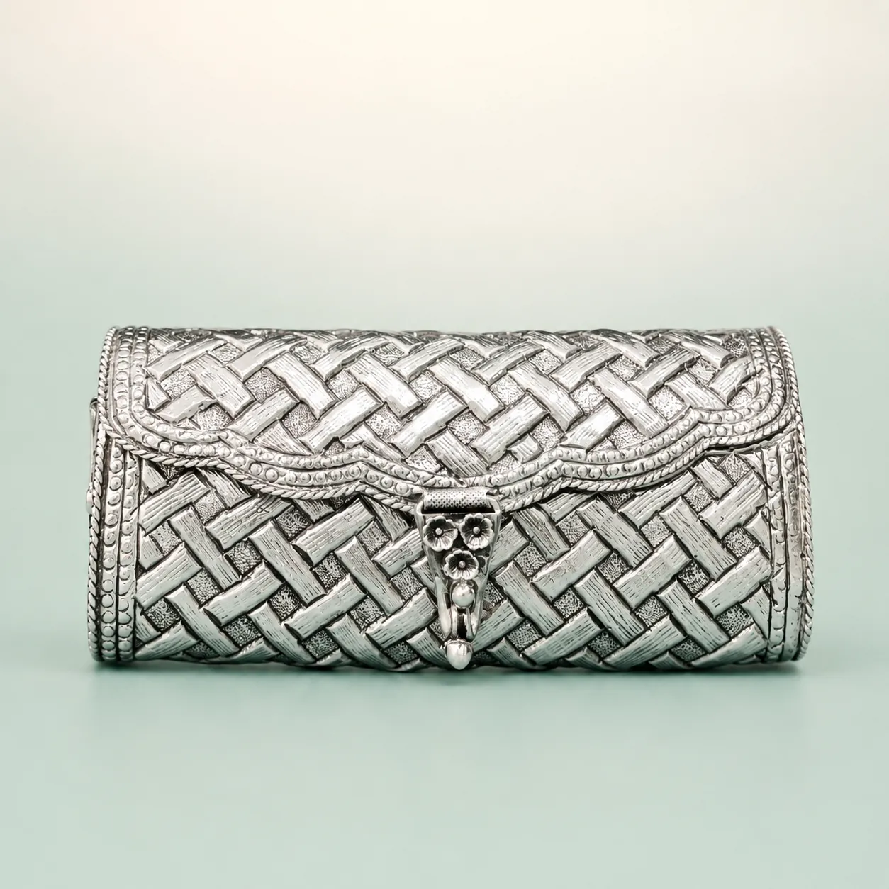 Pebble-Bead Envelope Clutch — bright beaded clutch on seaglass background