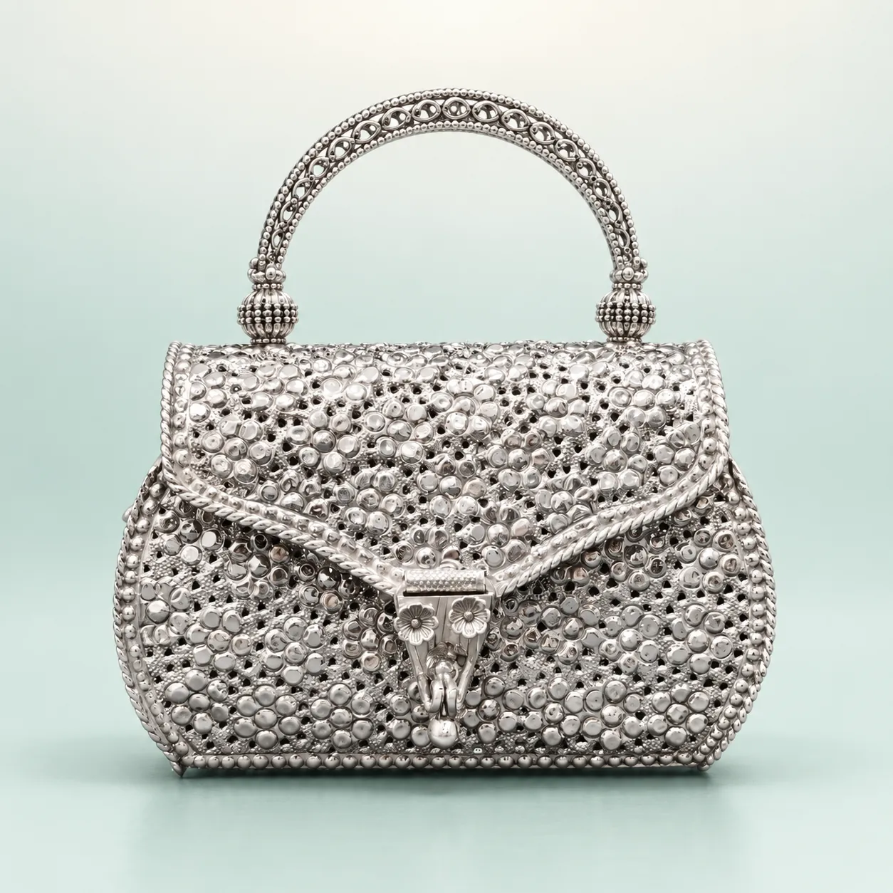 Basket-Weave Barrel Handbag — bright woven-lattice purse on seaglass background