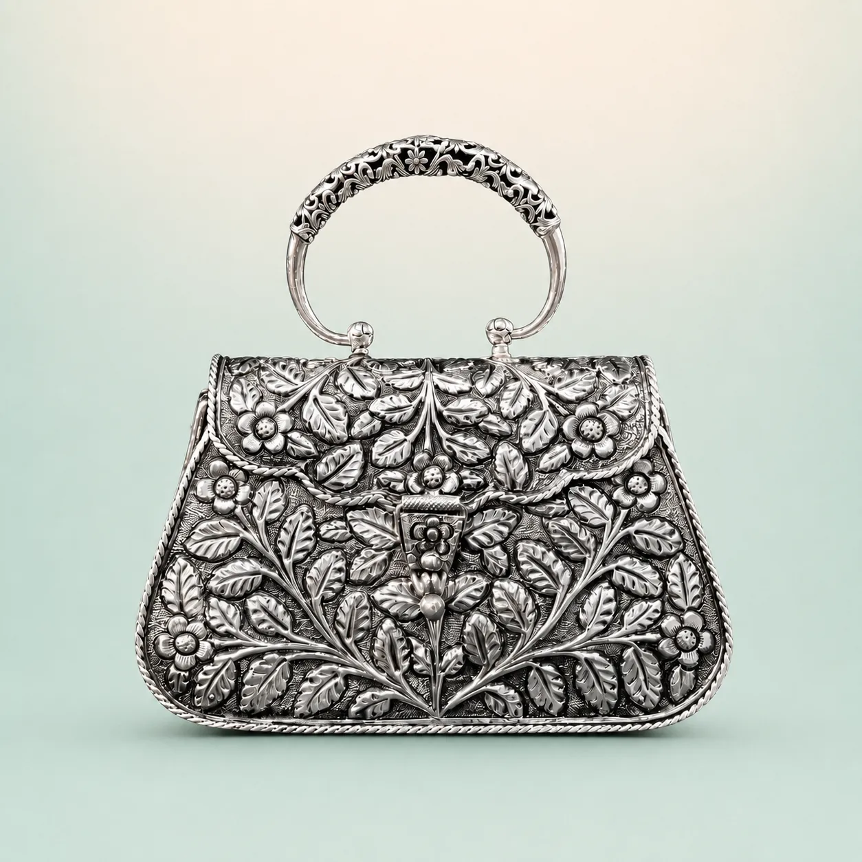 Scrolling-Vine Filigree Barrel Purse — oxidised scroll purse on seaglass background