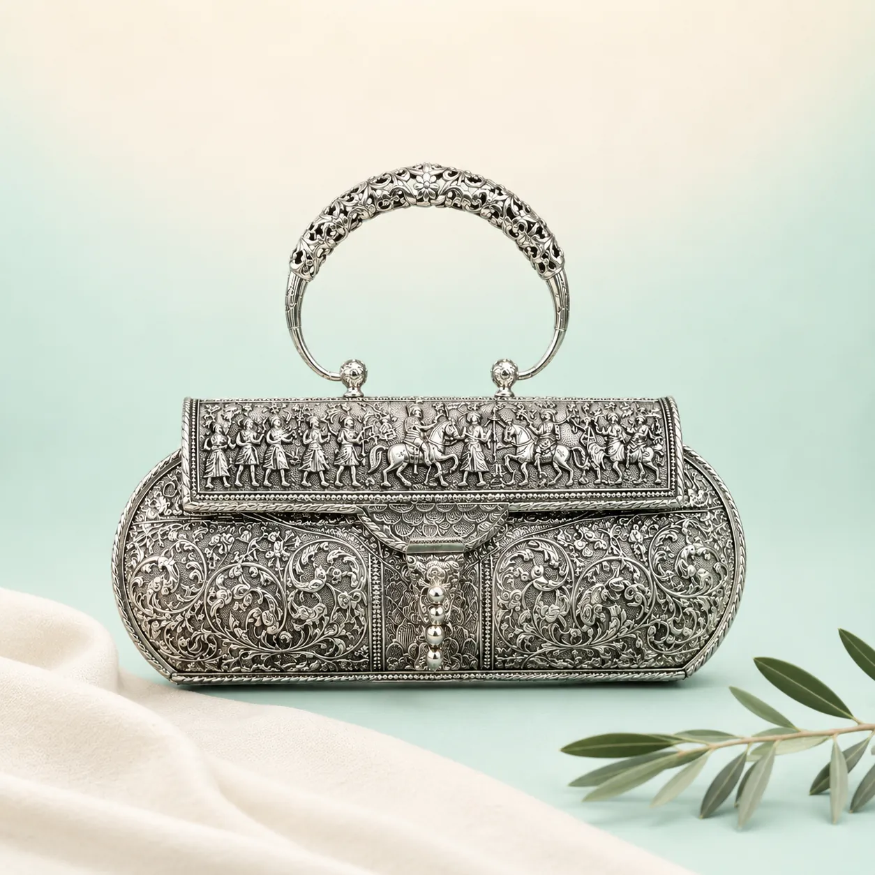 Royal Procession Repoussé Handbag — figural statement purse on seaglass background